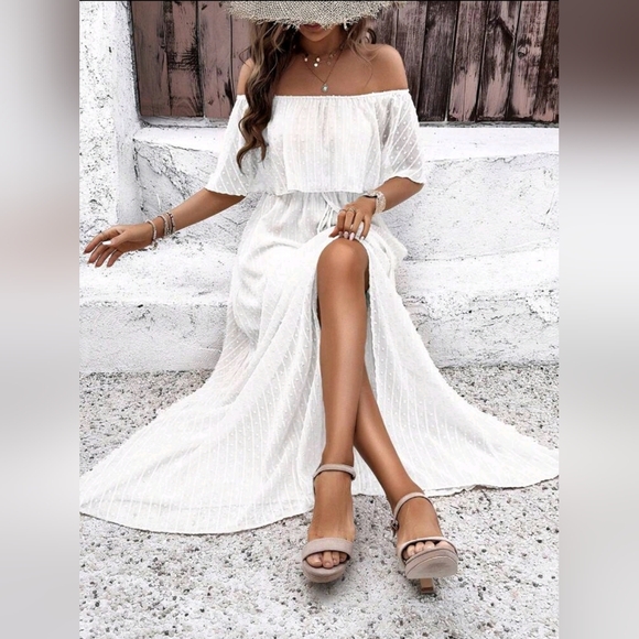 NEW Flowy Sheer Lace Off Shoulder Split Maxi Dress White - Picture 1 of 9